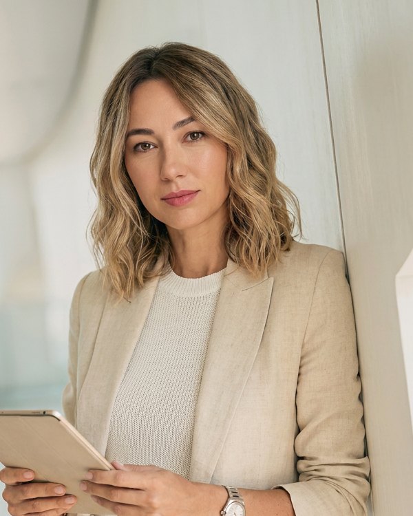 Ioana Lucreția in a beige linen blazer, holding a tablet
