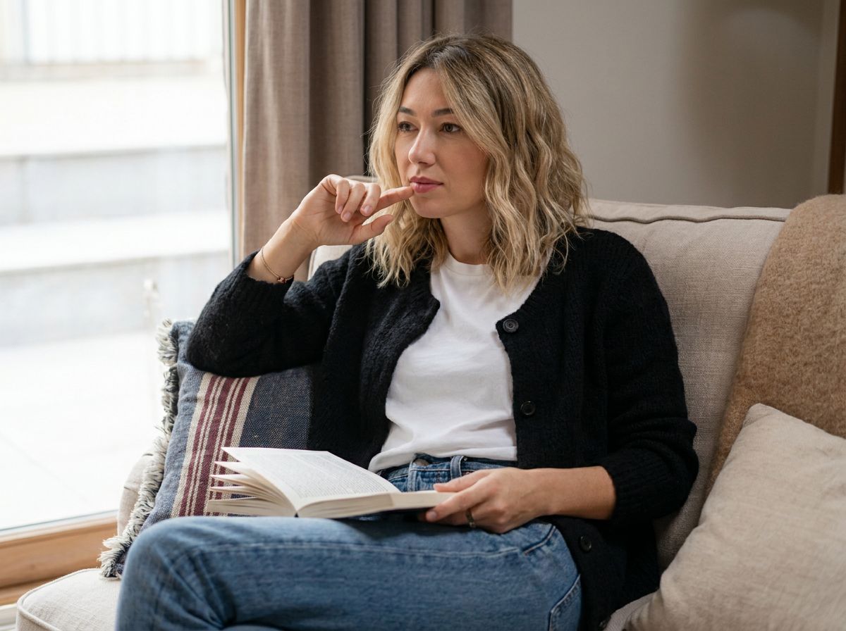 Ioana Lucreția sitting on a sofa by a window with an open book, thinking