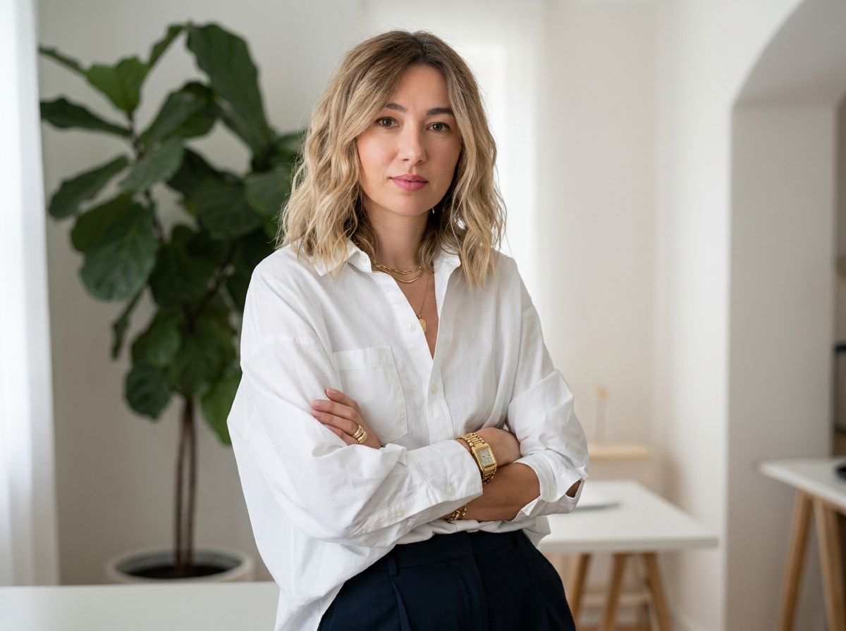 Ioana Lucreția in a white shirt, arms crossed, in a bright room with a fig tree behind her