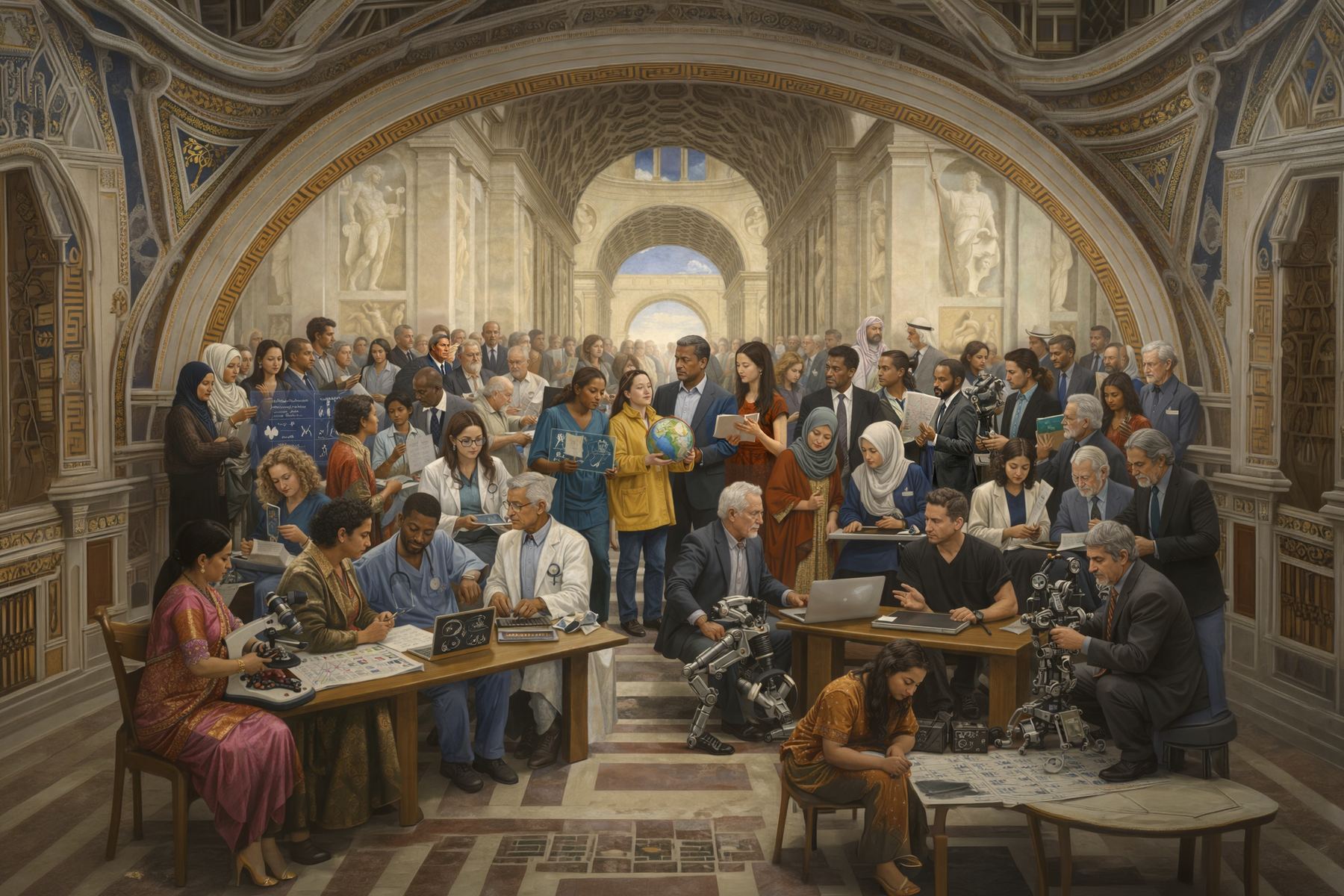 A painting in the style of Raphael’s School of Athens, reimagined with today’s experts: scientists, doctors, engineers and teachers working together under the arches